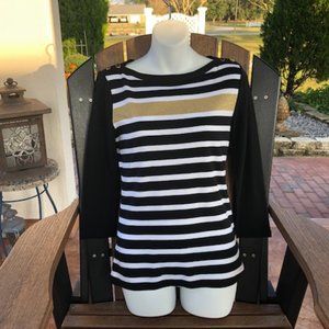 RALPH LAUREN BLACK WHITE AND METALLIC GOLD STRIPED BLOUSE SIZE M